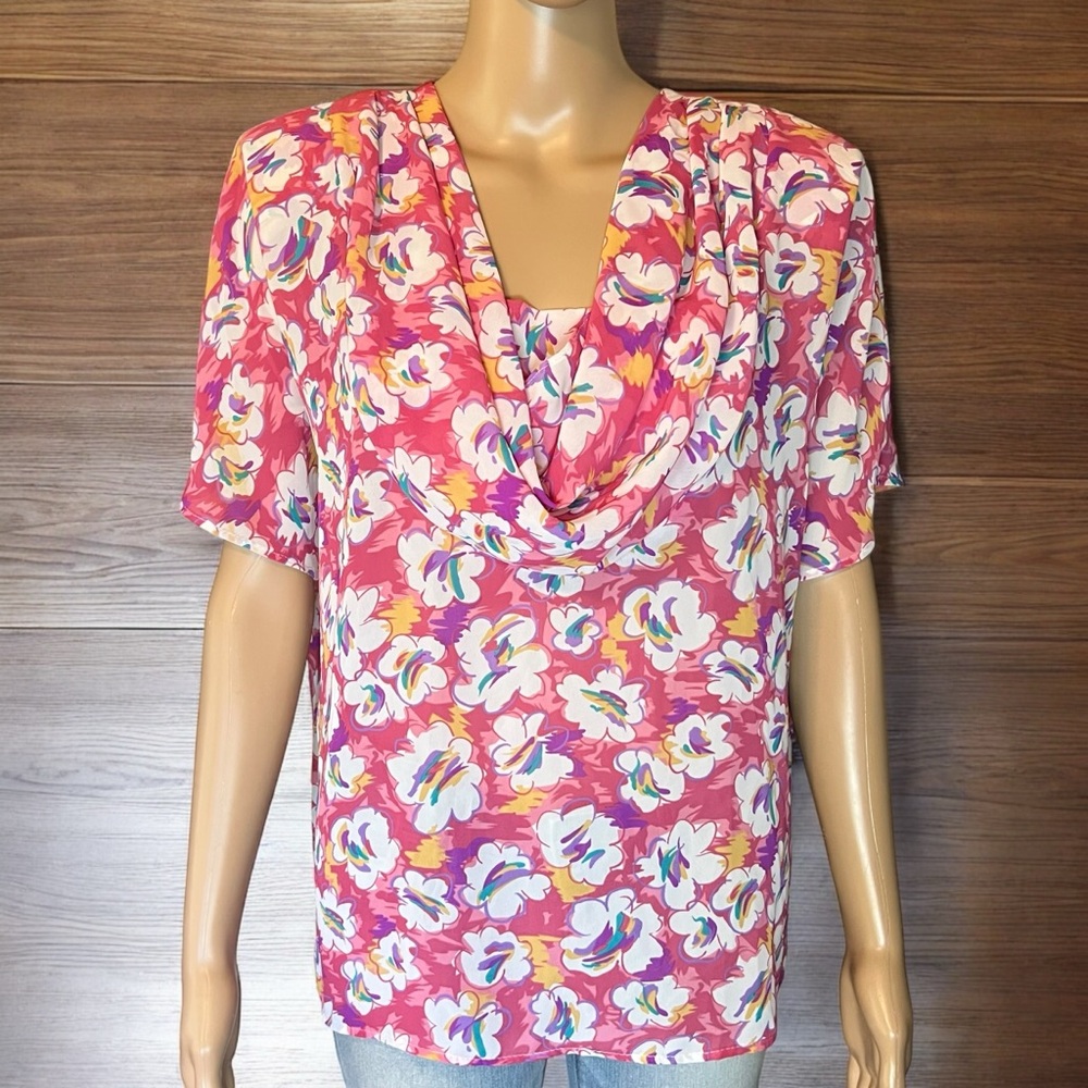 Vintage Deborah Barry New York Abstract Floral Short Sleeve Top Shoulder Pads